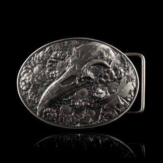 German silver belt buckle "Raven skull"